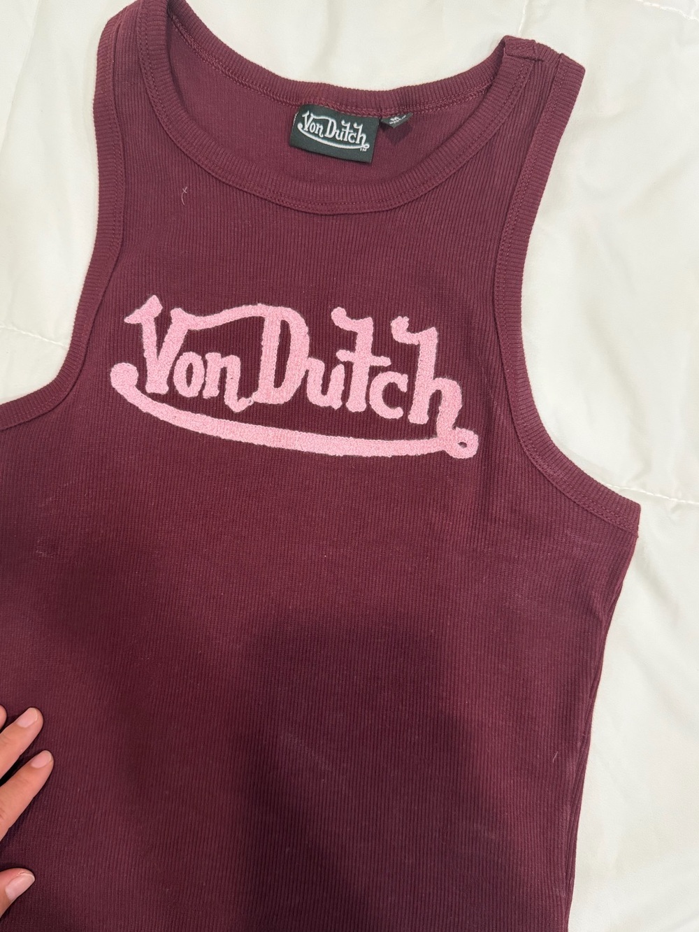 Von Dutch Burgundy Ribbed Logo Tank with Pink Script